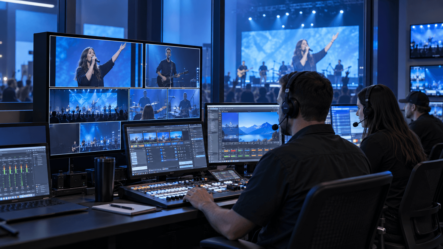 AV integration LED display and worship production control room