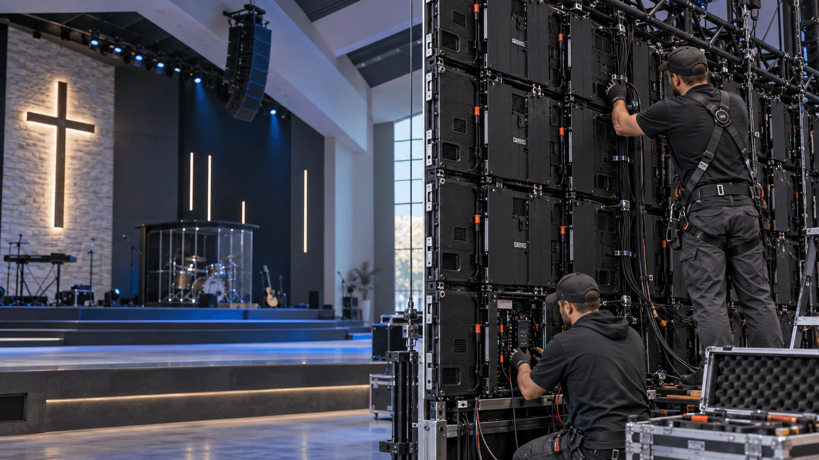 front service LED cabinet installation for church AV integration